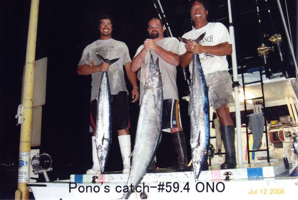 Three fishermen with a 59.4-pound ono catch in 2008